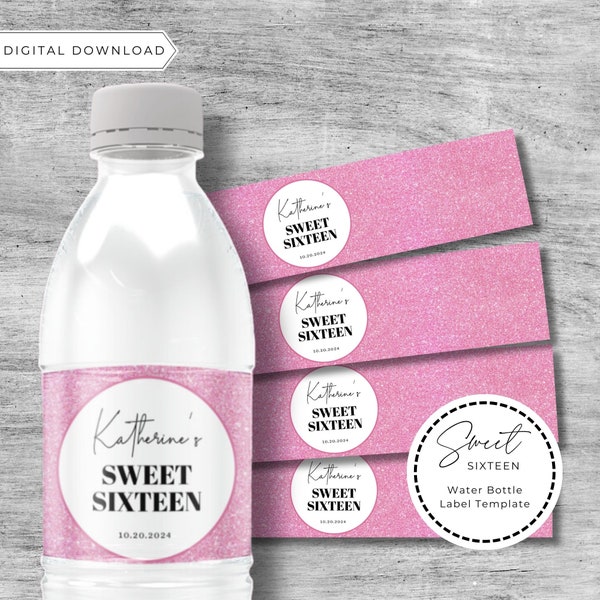 Pink Glitter Sweet 16 Water Bottle Label Template, Sweet 16 Decor, Sweet Sixteen Water Label Template, Sweet 16 Bottle Water Label