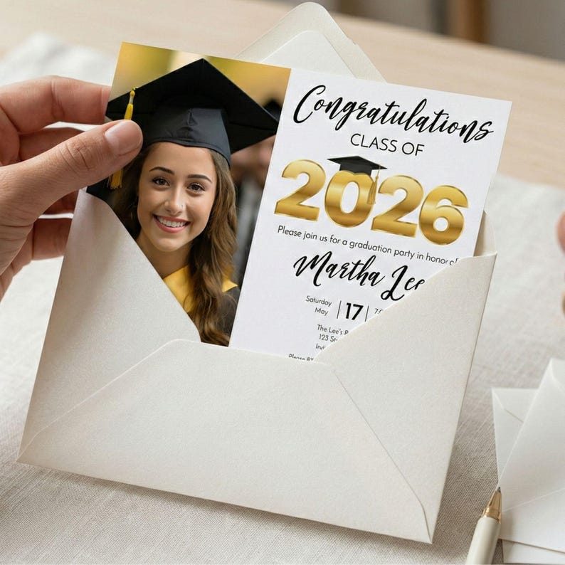 Hand holding Class of 2026 graduation invitation with graduate photo inside a white envelope, editable graduation party invite template.