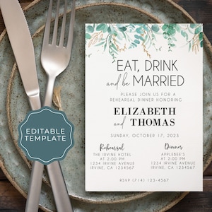 Eat Drink and Be Married Rehearsal Invitation Template, Unique Wedding Rehearsal Invite Template, Customizable Rehearsal Invites Template