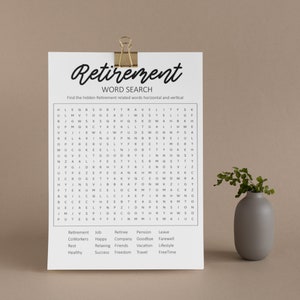 Puzzle imprimable de recherche de mot de retraite, jeu imprimable de retraite, recherche de mot de retraite, recherche de mot de thème de retraite, jeux de retraite