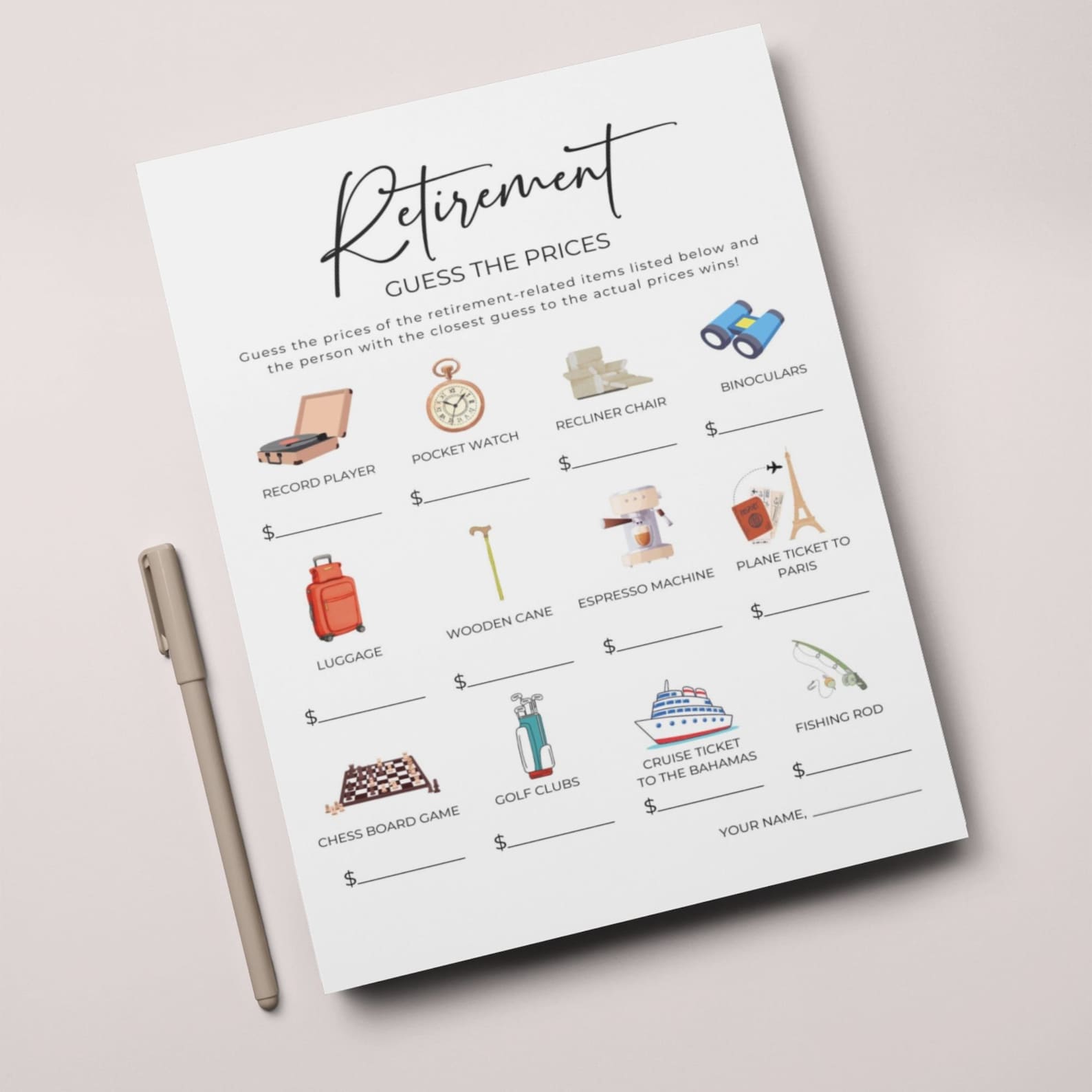 Printable Retirement Fun Guide.pdf Retirement Party Game: Guess the Price Activity (printable) - Etsy