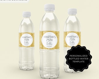 Gold Glitter Birthday Water Bottle Label Template (Digital Download)