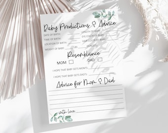 May include: A printable baby shower game card with a green leafy design. The card asks guests to predict the baby's birth details, including date, time, location, length, weight, eye color, hair color, and resemblance to the parents. It also includes a space for advice for the parents.