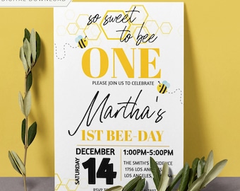 Bee First Birthday Invitation Template: Editable Bee Invite (Digital Download)