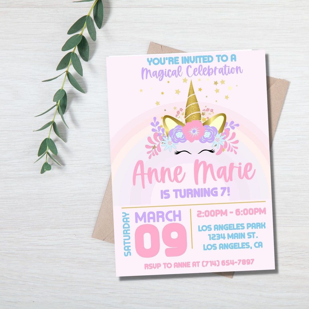 Unicorn Birthday Invitation Template Change to Any Age, 1st Unicorn ...