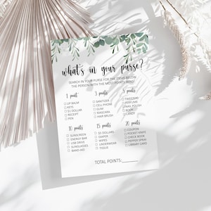 What's In Your Purse Game, Greenery Bridal Shower Activity, Fun Bachelorette Party Game, Editable Digital Download, Instant Printable