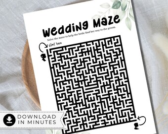Könnte beinhalten: Ein druckbares Hochzeit-Labyrinth-Spiel mit einem schwarz-weißen Labyrinth-Design. Der Text "wedding maze" befindet sich oben auf der Seite. Der Text "Solve the maze to help the bride find her way to the groom." befindet sich unter dem Titel. Der Text "Start Here" befindet sich neben einem kleinen Braut-Symbol oben im Labyrinth. Der Text "Your Name" befindet sich unten auf der Seite.