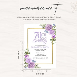 Editable 70th Birthday Party Invitation Template 5x7, Purple Floral Birthday Invitation, 70th Invites Template, Seventieth Birthday Party