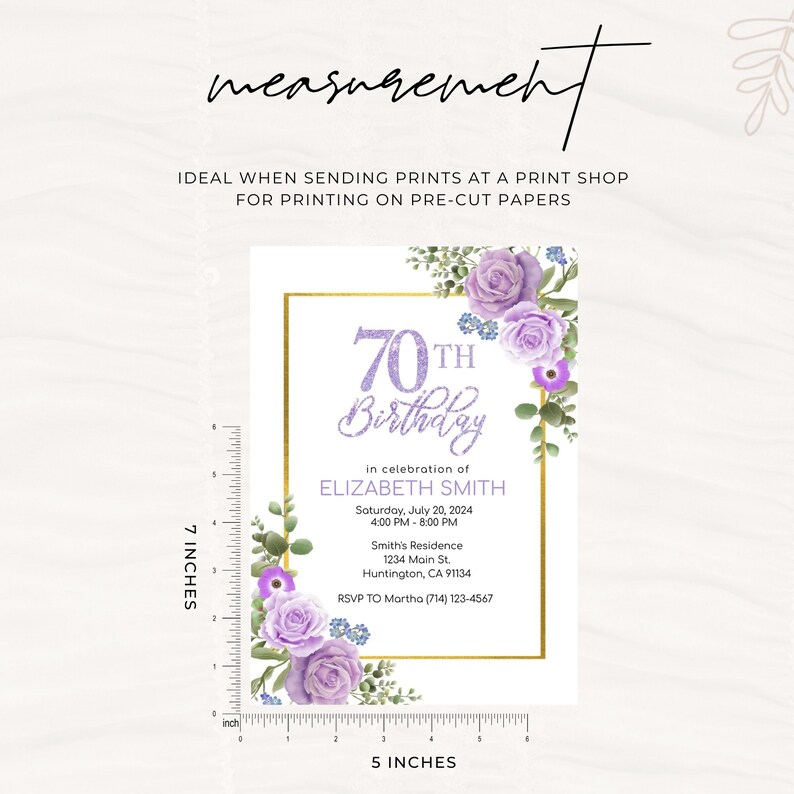 Editable 70th Birthday Party Invitation Template 5x7, Purple Floral Birthday Invitation, 70th Invites Template, Seventieth Birthday Party