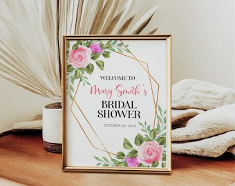 Letrero floral de bienvenida para despedida de soltera: Plantilla editable de rosa rosa (descarga digital)