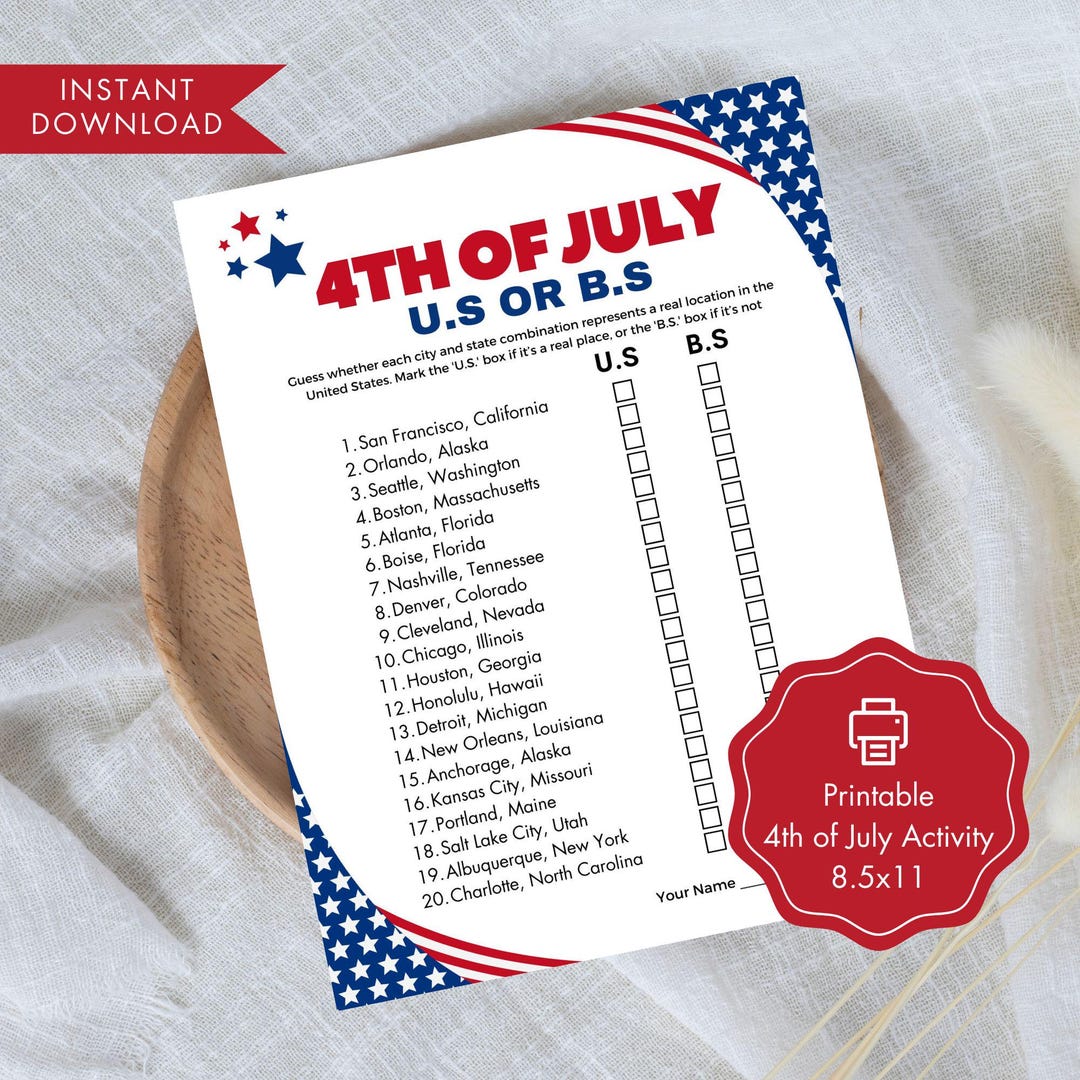 4th of July Trivia Game Printable USA or BS Party Game for Kids and ...