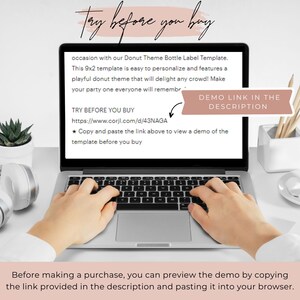 May include: A laptop displaying text about a donut-themed bottle label template. The screen shows a demo link and instructions to copy and paste it. The text "Try before you buy" is at the top. The laptop is on a white desk.