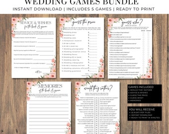May include: A printable wedding game bundle with five different games: Advice & Wishes for the Bride & Groom, Guess the Price, Guess Who?, Memories of the Bride & Groom, and Would They Rather? The games feature a pink floral design.