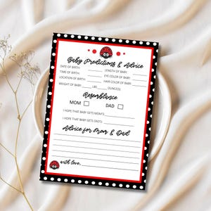 Tarjetas imprimibles con predicciones y consejos para bebés de Ladybug para una fiesta de baby shower, tarjeta de predicción para bebés, tarjeta de consejos, juego de predicción para bebés de 5 x 7