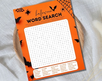 May include: An orange Halloween word search puzzle featuring black bats, spiders, and a spiderweb. The text reads "Halloween Word Search" and includes a list of spooky words to find.