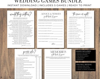 May include: A set of five printable wedding games, including "Would They Rather", "Advice & Wishes", "The Price is Right", "Guess Who?", and "Memories of the Bride & Groom". The games are designed in a minimalist black and white style with a modern calligraphy font.