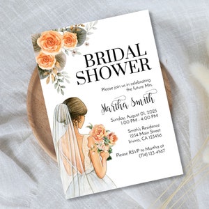 Elegant Watercolor Bridal Shower Invitation Template - Customizable Floral Bride Design for Digital or Printed Invitations 5x7