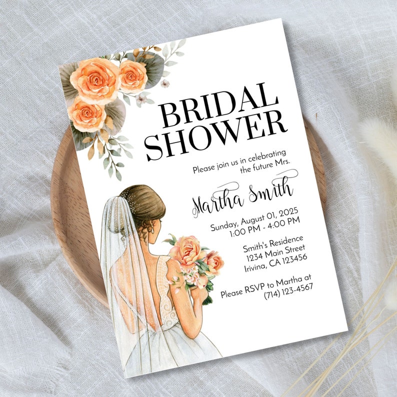 Elegant Watercolor Bridal Shower Invitation Template - Customizable Floral Bride Design for Digital or Printed Invitations 5x7