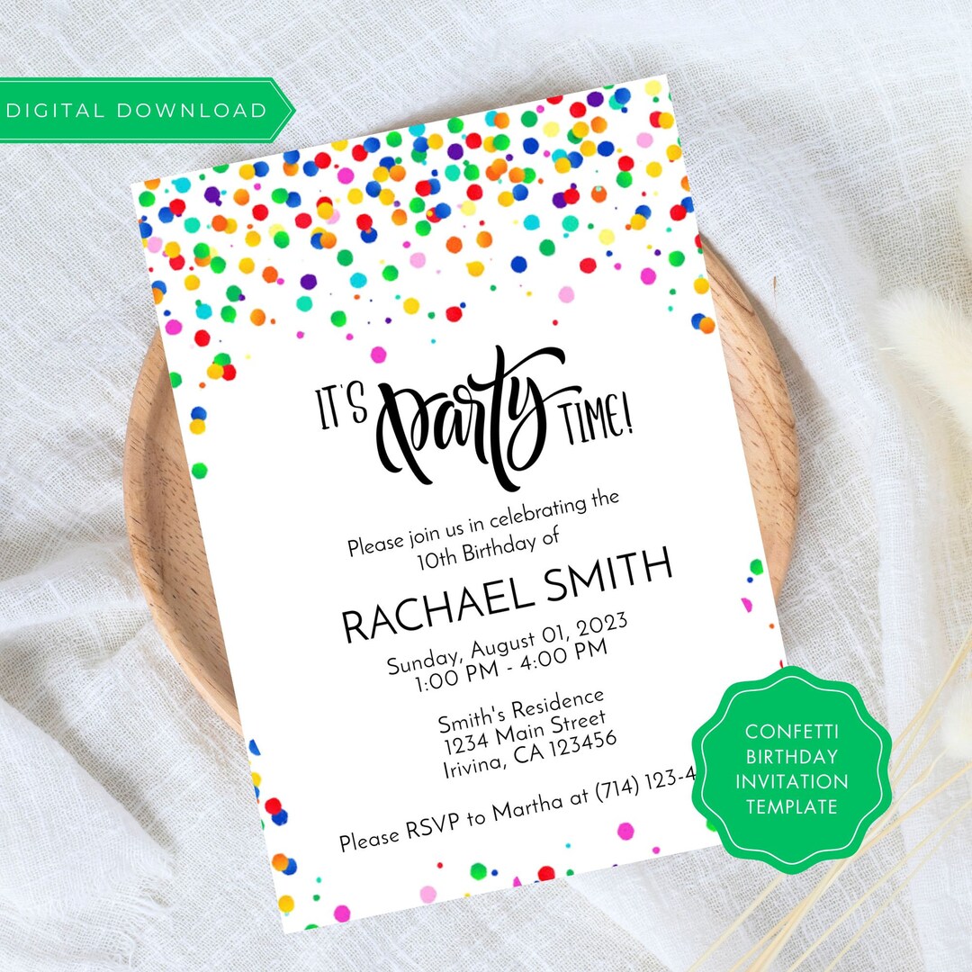 Editable Confetti Birthday Invitation Template: Colorful Party Invites ...