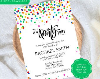 May include: A colorful confetti birthday party invitation template with the text "It's Party Time!" and the name "Rachael Smith". The invitation includes the date, time, and location of the party.