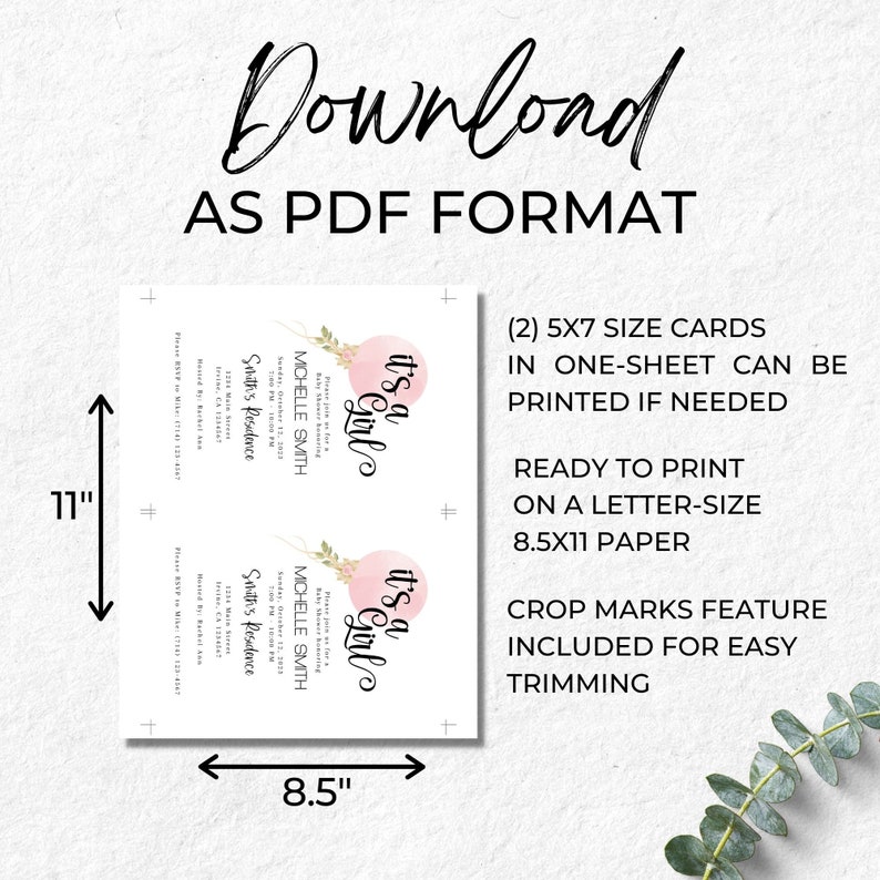 May include: Printable baby shower invitation template with pink and gold accents. The invitation features a pink balloon with the text "It's a Girl" and a floral design. The template is ready to print on a standard 8.5 x 11 inch letter-size paper.