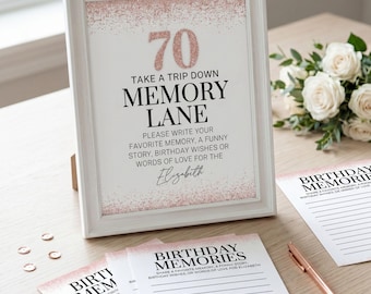 Rose Gold Personalized Birthday Memory Lane Sign & Cards Gold Guest Book Alternative Printable Party Decor Any Age 50th, 60th, 65th, 70th