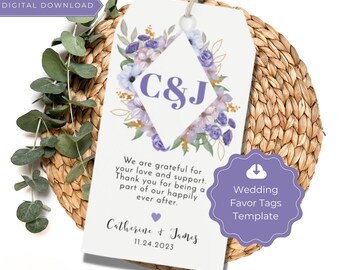 Purple Floral Wedding Favor Tags: Editable Template (Digital Download)