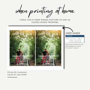 K&ouml;nnte beinhalten: Zwei Save-the-Date-Karten mit einem Paar in einer Waldkulisse. Der Text auf den Karten lautet "Charlotte und Mitch heiraten" mit Datum und Ort. Die Karten sind auf einem einzigen Blatt Papier mit Schnittmarken f&uuml;r einfaches Zuschneiden gedruckt.