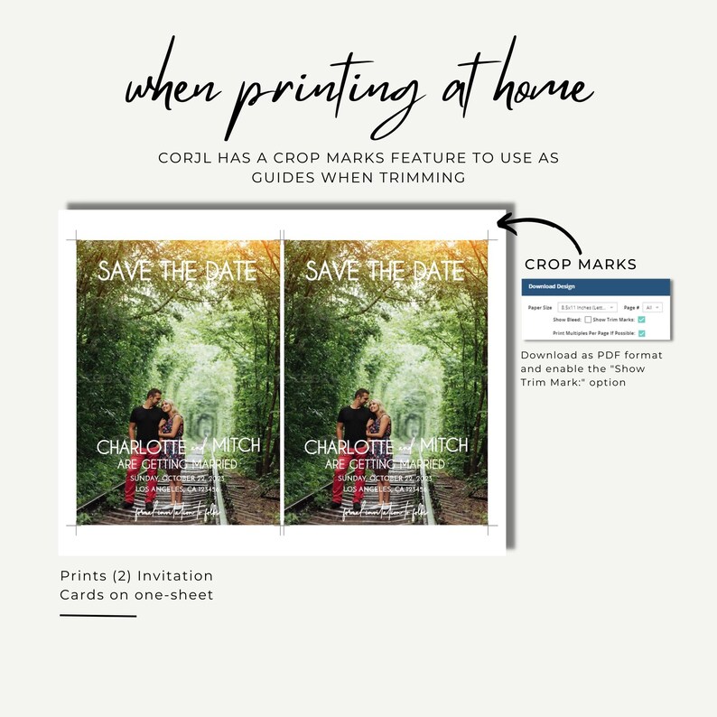 K&ouml;nnte beinhalten: Zwei Save-the-Date-Karten mit einem Paar in einer Waldkulisse. Der Text auf den Karten lautet "Charlotte und Mitch heiraten" mit Datum und Ort. Die Karten sind auf einem einzigen Blatt Papier mit Schnittmarken f&uuml;r einfaches Zuschneiden gedruckt.