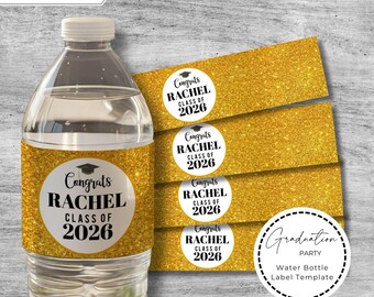 Gold Glitter Graduation Water Bottle Labels, Class of 2026 Grad Party Decorations, Editable Graduation Favor Tags, Personalized Drink Label