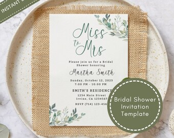 Greenery Bridal Shower Invitation Template: Miss to Mrs (Digital Download)