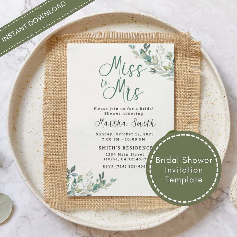 May include: A green and white floral bridal shower invitation template with the text "Miss to Mrs" and the name "Martha Smith". The invitation includes the date, time, location, and RSVP information.