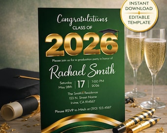 Editable Graduation Invitation 2026 Green and Gold, Class of 2026 Grad Party Invite Template, Elegant Graduation Announcement Corjl Download