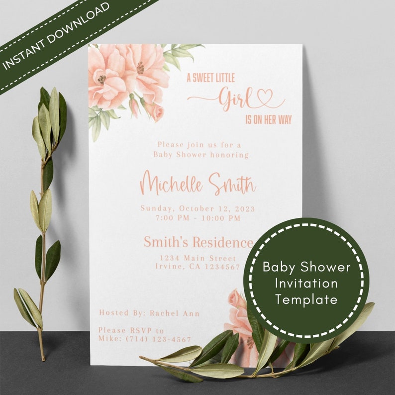 K&ouml;nnte beinhalten: Eine rosa und wei&szlig;e Babyparty-Einladungsvorlage mit floralem Design. Der Text lautet "A Sweet Little Girl Is On Her Way" und enth&auml;lt den Namen "Michelle Smith" und das Datum "Sunday, October 12, 2023".