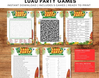 May include: Five printable game cards for a luau party. The games include word search, maze, trivia questions, find the coworker, and word scramble. The cards are decorated with tropical leaves, flowers, and a surfboard.