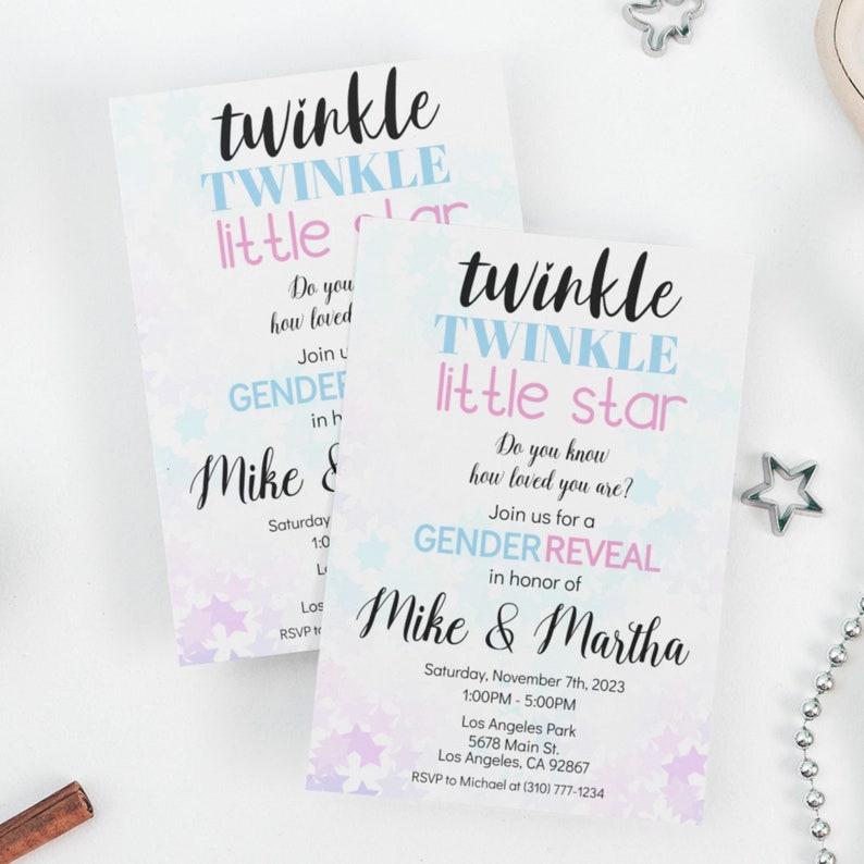 Twinkle Star Gender Reveal Invitation Template (Digital Download) image 1