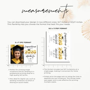 Graduation invitation size guide showing 5x7 JPG format with photo layout and 8.5x11 PDF format with two invitations per page for easy home printing.