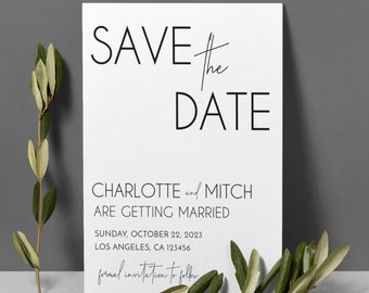 Plantilla minimalista para invitación "Reserva la fecha": Anuncio de boda con vegetación (descarga digital)