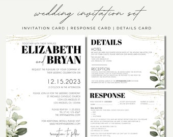 May include: Wedding invitation set with green foliage and gold accents. The invitation card features the names Elizabeth and Bryan, the date 12.15.2023, and the time 2 o'clock in the afternoon. The response card includes a meal selection and RSVP information. The details card provides information about the hotel, reception, and wedding website.