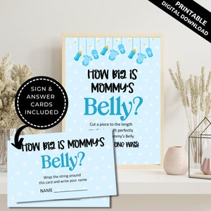 Azul para impressão Quão grande é o sinal e cartas da barriga da mamãe, jogo de adivinhar o tamanho da barriga, jogo de adivinhação da barriga, jogo de chá de bebê para impressão