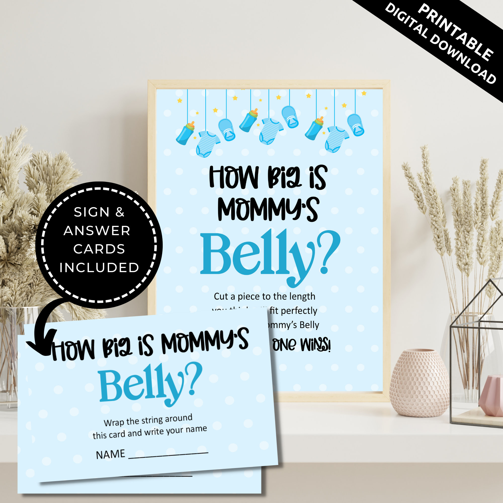 Blue Printable How Big is Mommy's Belly Sign and Cards, Guess the Belly ...