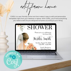 May include: A laptop displays a bridal shower invitation template. The invitation features an illustration of a bride, floral accents, and event details. The text reads "SHOWER" and "Martha Smith". The laptop is open on a wooden surface.
