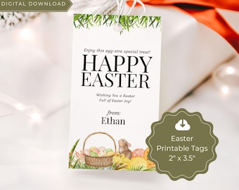 Peut inclure: Etiquette cadeau imprimable de Pâques avec une bordure verte, un panier d'œufs colorés, un lapin et deux poussins. L'étiquette dit "Profitez de ce cadeau spécial ! Joyeuses Pâques Je vous souhaite un panier plein de joie de Pâques ! de : Ethan" et "Etiquettes imprimables de Pâques 2" x 3.5"