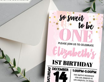 So Sweet to be One First Birthday Invitation Template, Birthday Invitation Editable 5X7, Birthday Invitation for Girls, Pink Invitation