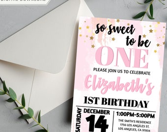 May include: Pink and gold first birthday party invitation with the text "So sweet to be ONE" and "Elizabeth's 1st Birthday". The invitation includes the date "December 14" and the time "1:00PM-5:00PM".