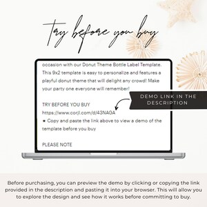 Try before you buy graduation invitation template preview displayed on laptop screen with Corjl demo link instructions.