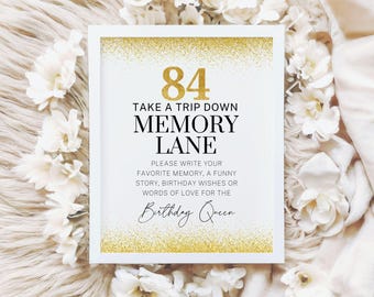 84th Birthday Memory Lane Sign: Gold Glitter Party Decor (Digital Download)
