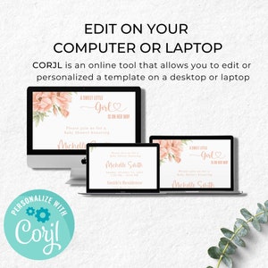 K&ouml;nnte beinhalten: Ein digitales Mockup eines Computerbildschirms, auf dem eine rosa und wei&szlig;e Babyparty-Einladung mit floralen Akzenten angezeigt wird. Die Einladung lautet "A Sweet Little Girl Is On Her Way" und enth&auml;lt den Text "Please join us for a Baby Shower honoring Michelle Smith".