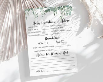 Karty z prognozami i poradami na baby shower Greenery (do pobrania w wersji cyfrowej)