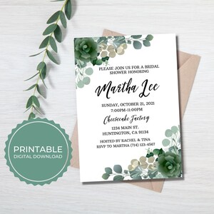 Puede incluir: Una invitaci&oacute;n imprimible para una despedida de soltera con un dise&ntilde;o floral verde. La invitaci&oacute;n dice "Por favor, &uacute;nase a nosotros para una despedida de soltera en honor a Martha Lee" e incluye la fecha, la hora, el lugar y la informaci&oacute;n de RSVP.